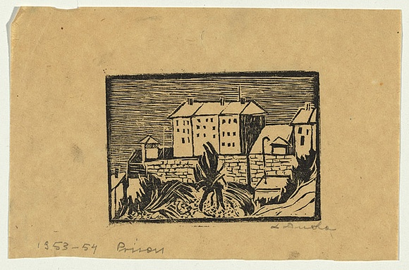 Artist: b'Groblicka, Lidia.' | Title: b'Prison' | Date: 1953-54 | Technique: b'woodcut, printed in black ink, from one block' Artist: b'Groblicka, Lidia.' | Title: b'Prison' | Date: 1953-54 | Technique: b'woodcut, printed in black ink, from one block'