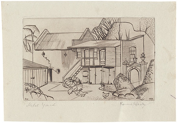 Artist: b'Jack, Kenneth.' | Title: b'Hotel outbuildings, Berwick' | Date: 1953 | Technique: b'line-engraving, printed in warm black ink, from one perspex plate' | Copyright: b'\xc2\xa9 Kenneth Jack. Licensed by VISCOPY, Australia' Artist: b'Jack, Kenneth.' | Title: b'Hotel outbuildings, Berwick' | Date: 1953 | Technique: b'line-engraving, printed in warm black ink, from one perspex plate' | Copyright: b'\xc2\xa9 Kenneth Jack. Licensed by VISCOPY, Australia'