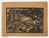 Artist: b'Woolcock, Marjorie.' | Title: b'Boats' | Date: 1950s | Technique: b'linocut, printed in black ink, from one block'