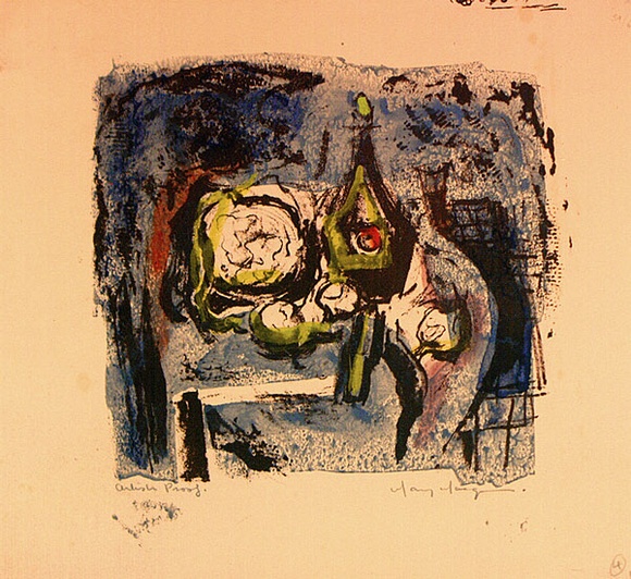 Artist: b'MACQUEEN, Mary' | Title: b'Still life with green bottle' | Date: 1958 | Technique: b'lithograph, printed in black ink, from one plate; hand-coloured' | Copyright: b'Courtesy Paulette Calhoun, for the estate of Mary Macqueen' Artist: b'MACQUEEN, Mary' | Title: b'Still life with green bottle' | Date: 1958 | Technique: b'lithograph, printed in black ink, from one plate; hand-coloured' | Copyright: b'Courtesy Paulette Calhoun, for the estate of Mary Macqueen'