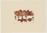 Artist: Purdie, Shirley. | Title: not titled [Cowboy on horse with cart, Aboriginal man with spear] | Date: 1999, June | Technique: sugarlift, lump rosin and aquatint, printed in red ochre ink, from one plate