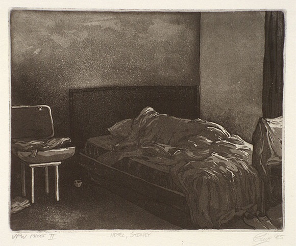 Artist: b'Walsh, Peter.' | Title: b'Hotel, Sydney' | Date: 1985 | Technique: b'etching and aquatint, printed in sepia ink (with small amount of black ink added), from one plate' Artist: b'Walsh, Peter.' | Title: b'Hotel, Sydney' | Date: 1985 | Technique: b'etching and aquatint, printed in sepia ink (with small amount of black ink added), from one plate'