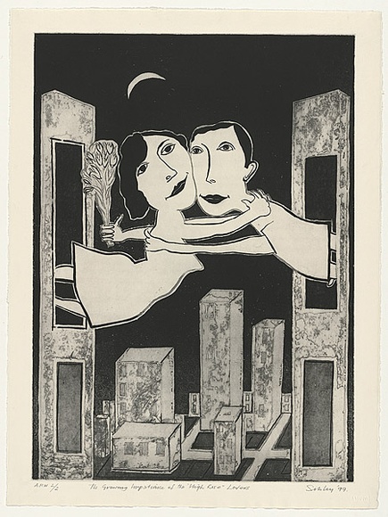 Artist: b'Sibley, Andrew.' | Title: bThe growing impatience of the 'high rise' lovers | Date: 1997 | Technique: b'etching and aquatint, printed in black ink with plate-tone, from one plate' Artist: b'Sibley, Andrew.' | Title: bThe growing impatience of the 'high rise' lovers | Date: 1997 | Technique: b'etching and aquatint, printed in black ink with plate-tone, from one plate'