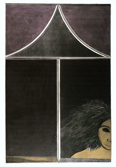 Artist: b'BALDESSIN, George' | Title: b'Window - Tess.' | Date: 1969 | Technique: b'etching and aquatint, printed in black ink from two plates; stencil, printed in colour from four stencils.' Artist: b'BALDESSIN, George' | Title: b'Window - Tess.' | Date: 1969 | Technique: b'etching and aquatint, printed in black ink from two plates; stencil, printed in colour from four stencils.'