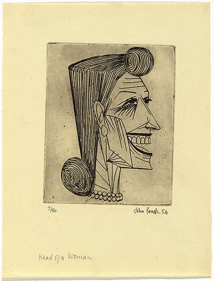 Artist: b'Brack, John.' | Title: b'Head of a woman.' | Date: 1954 | Technique: b'etching, drypoint and foul biting, printed with plate-tone, from one copper plate' | Copyright: b'\xc2\xa9 Helen Brack' Artist: b'Brack, John.' | Title: b'Head of a woman.' | Date: 1954 | Technique: b'etching, drypoint and foul biting, printed with plate-tone, from one copper plate' | Copyright: b'\xc2\xa9 Helen Brack'