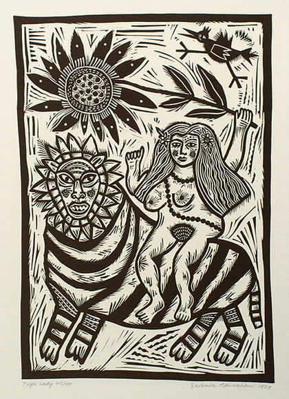 Artist: b'HANRAHAN, Barbara' | Title: b'Tiger lady.' | Date: 1989 | Technique: b'linocut, printed in black ink, from one block' Artist: b'HANRAHAN, Barbara' | Title: b'Tiger lady.' | Date: 1989 | Technique: b'linocut, printed in black ink, from one block'