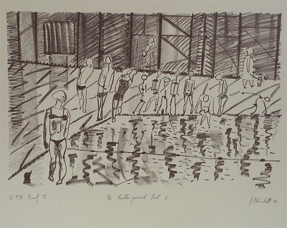 Artist: b'PLUNKETT, Jennifer' | Title: b'The Collingwood Pool 5' | Date: 1981 | Technique: b'lithograph, printed in black ink, from one stone' Artist: b'PLUNKETT, Jennifer' | Title: b'The Collingwood Pool 5' | Date: 1981 | Technique: b'lithograph, printed in black ink, from one stone'