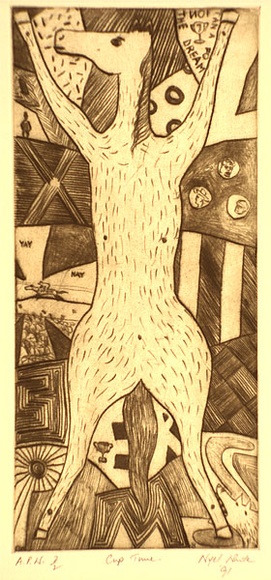 Artist: b'White, Nigel.' | Title: b'Cup time' | Date: 1991 | Technique: b'drypoint, printed in sepia ink, from one plate' Artist: b'White, Nigel.' | Title: b'Cup time' | Date: 1991 | Technique: b'drypoint, printed in sepia ink, from one plate'