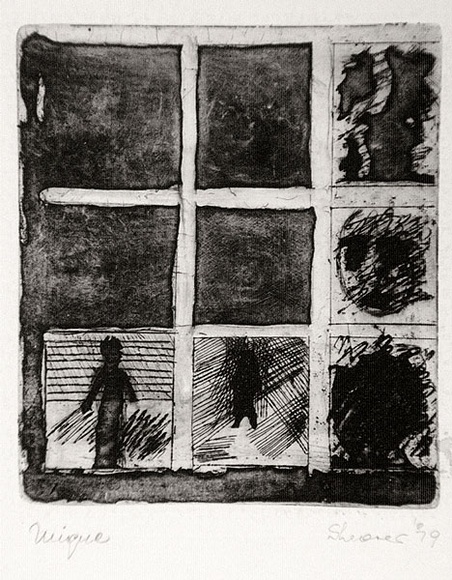 Artist: b'Shearer, Mitzi.' | Title: b'See through a window darkly' | Date: 1979 | Technique: b'etching and aquatint, printed in black ink, from one plate' Artist: b'Shearer, Mitzi.' | Title: b'See through a window darkly' | Date: 1979 | Technique: b'etching and aquatint, printed in black ink, from one plate'