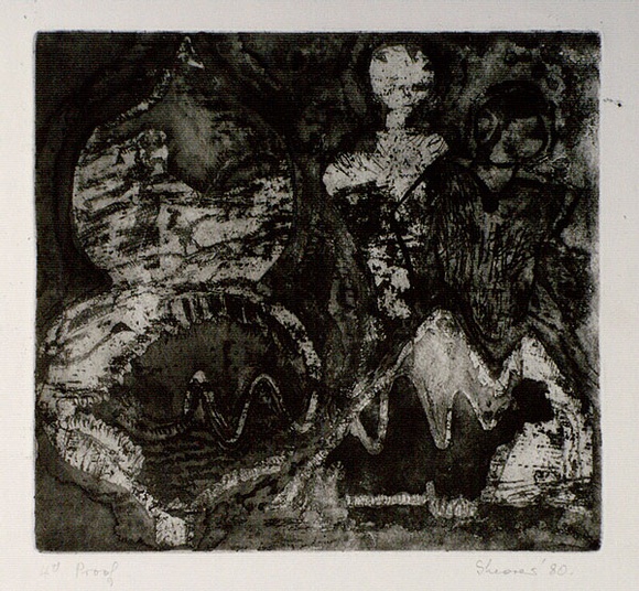 Artist: b'Shearer, Mitzi.' | Title: b'Double image' | Date: 1980 | Technique: b'etching, printed in black ink, from one  plate'