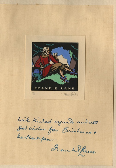 Artist: b'FEINT, Adrian' | Title: b'Bookplate: Frank E. Lane.' | Date: (1934) | Technique: b'wood-engraving, printed in black ink, from one block; hand-coloured' | Copyright: b'Courtesy the Estate of Adrian Feint' Artist: b'FEINT, Adrian' | Title: b'Bookplate: Frank E. Lane.' | Date: (1934) | Technique: b'wood-engraving, printed in black ink, from one block; hand-coloured' | Copyright: b'Courtesy the Estate of Adrian Feint'