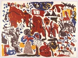 Artist: Fransella, Graham. | Title: not titled [multiple figures and forms in red, yellow, blue and black] | Date: 1986 | Technique: lithograph, printed in colour, from multiple plates | Copyright: Courtesy of the artist