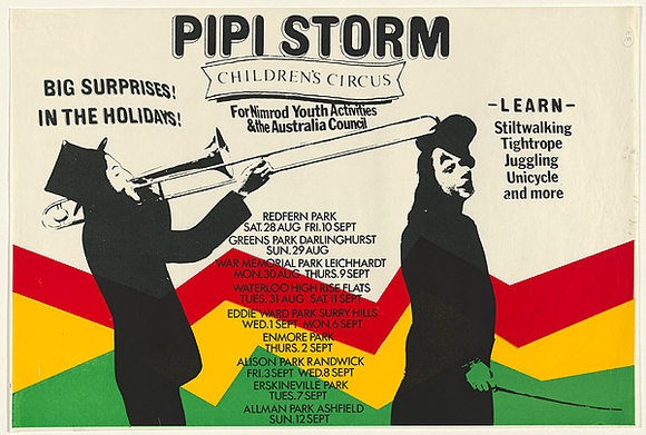 Artist: b'EARTHWORKS POSTER COLLECTIVE' | Title: bPipi Storm: Children's Circus | Date: 1976 | Technique: b'screenprint, printed in colour, from four stencils' Artist: b'EARTHWORKS POSTER COLLECTIVE' | Title: bPipi Storm: Children's Circus | Date: 1976 | Technique: b'screenprint, printed in colour, from four stencils'