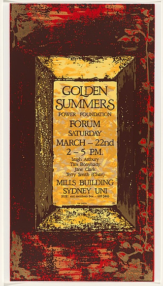 Artist: b'Debenham, Pam.' | Title: b'Golden Summers.' | Date: 1986 | Technique: b'screenprint, printed in colour, from eight stencils' Artist: b'Debenham, Pam.' | Title: b'Golden Summers.' | Date: 1986 | Technique: b'screenprint, printed in colour, from eight stencils'