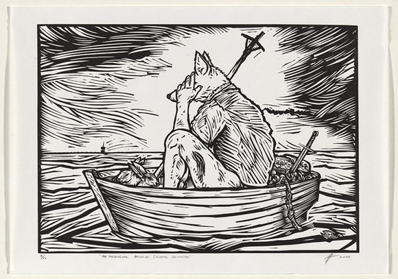 Title: The theological basis of colonial genocide | Date: 2008 | Technique: linocut, printed in black ink, from one block