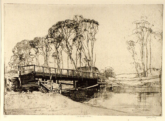 Artist: b'Long, Sydney.' | Title: b'The bridge, Avoca' | Date: 1926 | Technique: b'line-etching and drypoint, printed in brown ink with plate tone, from one zinc plate' | Copyright: b'Reproduced with the kind permission of the Ophthalmic Research Institute of Australia' Artist: b'Long, Sydney.' | Title: b'The bridge, Avoca' | Date: 1926 | Technique: b'line-etching and drypoint, printed in brown ink with plate tone, from one zinc plate' | Copyright: b'Reproduced with the kind permission of the Ophthalmic Research Institute of Australia'