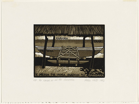 Artist: b'White, Robin.' | Title: b'The canoe is in the bareaka' | Date: 1983 | Technique: b'woodcut, printed in colour, from four blocks (black and three brown inks)' Artist: b'White, Robin.' | Title: b'The canoe is in the bareaka' | Date: 1983 | Technique: b'woodcut, printed in colour, from four blocks (black and three brown inks)'