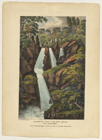 Artist: b'Lycett, Joseph.' | Title: bBeckett's Fall, on the River Apsley, New South Wales | Date: 1 August 1824 | Technique: b'lithograph, printed in black ink, from one stone; hand-coloured' Artist: b'Lycett, Joseph.' | Title: bBeckett's Fall, on the River Apsley, New South Wales | Date: 1 August 1824 | Technique: b'lithograph, printed in black ink, from one stone; hand-coloured'