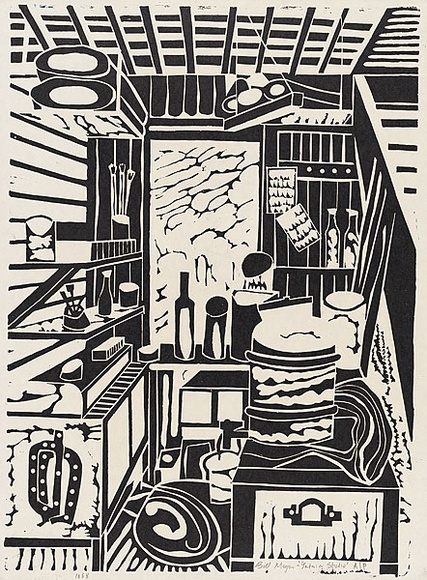 Artist: b'MEYER, Bill' | Title: b'Interior, studio' | Date: 1968 | Technique: b'linocut, printed in black ink by reduction block process' | Copyright: b'\xc2\xa9 Bill Meyer' Artist: b'MEYER, Bill' | Title: b'Interior, studio' | Date: 1968 | Technique: b'linocut, printed in black ink by reduction block process' | Copyright: b'\xc2\xa9 Bill Meyer'