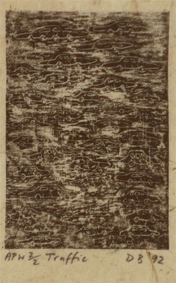 Artist: b'Bowen, Dean.' | Title: b'Traffic' | Date: 1992 | Technique: b'etching, printed in black ink, from one plate' Artist: b'Bowen, Dean.' | Title: b'Traffic' | Date: 1992 | Technique: b'etching, printed in black ink, from one plate'