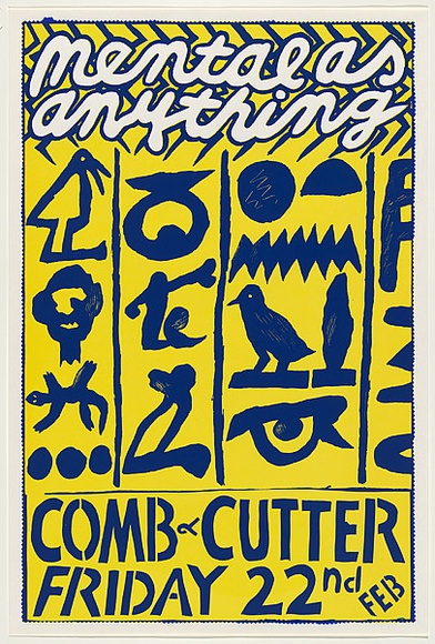 Artist: b'WORSTEAD, Paul' | Title: b'Mental as anything - Comb and Cutter' | Date: 1980 | Technique: b'screenprint, printed in colour, from two stencils in blue and yellow ink' | Copyright: b'This work appears on screen courtesy of the artist' Artist: b'WORSTEAD, Paul' | Title: b'Mental as anything - Comb and Cutter' | Date: 1980 | Technique: b'screenprint, printed in colour, from two stencils in blue and yellow ink' | Copyright: b'This work appears on screen courtesy of the artist'