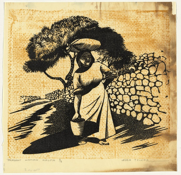 Artist: b'Thorpe, Lesbia.' | Title: b'Peasant woman, Malta' | Date: c.1956 | Technique: b'linocut, printed in colour, from two blocks' Artist: b'Thorpe, Lesbia.' | Title: b'Peasant woman, Malta' | Date: c.1956 | Technique: b'linocut, printed in colour, from two blocks'