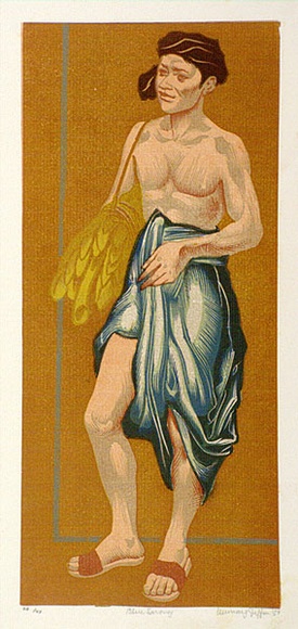 Artist: b'Griffin, Murray.' | Title: b'Blue sarong' | Date: 1951 | Technique: b'linocut, printed in colour, from multiple blocks' Artist: b'Griffin, Murray.' | Title: b'Blue sarong' | Date: 1951 | Technique: b'linocut, printed in colour, from multiple blocks'