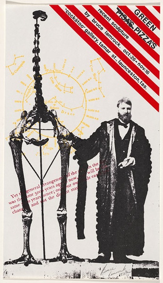 Artist: b'Lamrock, Bruce.' | Title: bExhibition poster: Green pizza's recent sculpture | Date: 1983 | Technique: b'screenprint, printed in colour, from multiple stencils' | Copyright: b'This work appears on screen courtesy of the artist' Artist: b'Lamrock, Bruce.' | Title: bExhibition poster: Green pizza's recent sculpture | Date: 1983 | Technique: b'screenprint, printed in colour, from multiple stencils' | Copyright: b'This work appears on screen courtesy of the artist'