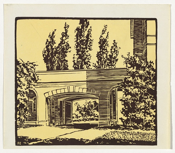 Artist: b'Mills, Frank.' | Title: b'(University arch)' | Date: c.1946 | Technique: b'linocut, printed in colour, from mutliple blocks' Artist: b'Mills, Frank.' | Title: b'(University arch)' | Date: c.1946 | Technique: b'linocut, printed in colour, from mutliple blocks'