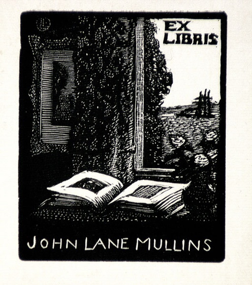 Artist: b'LINDSAY, Lionel' | Title: b'Bookplate: John Lane Mullins' | Date: 1922 | Technique: b'wood-engraving, printed in black ink, from one block' | Copyright: b'Courtesy of the National Library of Australia' Artist: b'LINDSAY, Lionel' | Title: b'Bookplate: John Lane Mullins' | Date: 1922 | Technique: b'wood-engraving, printed in black ink, from one block' | Copyright: b'Courtesy of the National Library of Australia'