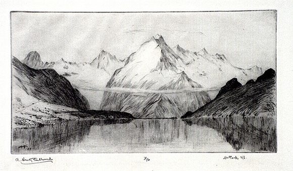 Artist: b'FULLWOOD, A.H.' | Title: b'Mount Cook, New Zealand.' | Date: 1928 | Technique: b'etching, printed in blue ink, from one plate' Artist: b'FULLWOOD, A.H.' | Title: b'Mount Cook, New Zealand.' | Date: 1928 | Technique: b'etching, printed in blue ink, from one plate'