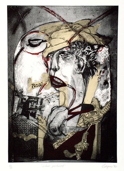 Artist: b'Cattapan, Jon.' | Title: b'Modern punishment.' | Date: 1980 | Technique: b'screenprint, printed in colour, from multiple stencils' Artist: b'Cattapan, Jon.' | Title: b'Modern punishment.' | Date: 1980 | Technique: b'screenprint, printed in colour, from multiple stencils'