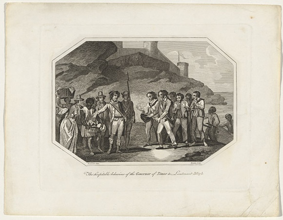 Title: b'The hospitable behaviour of the governor ot Timor to lieutenant Bligh' | Date: c.1791- 1802 | Technique: b'engraving, printed in black ink, from one plate' Title: b'The hospitable behaviour of the governor ot Timor to lieutenant Bligh' | Date: c.1791- 1802 | Technique: b'engraving, printed in black ink, from one plate'
