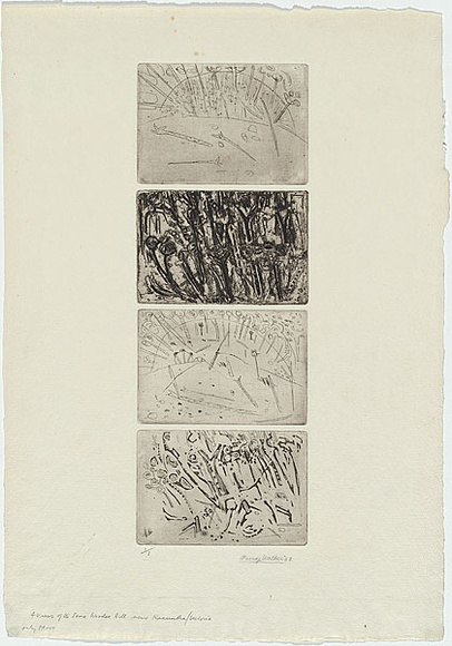 Artist: b'WALKER, Murray' | Title: b'Four views of the same wooded hill.' | Date: 1963 | Technique: b'etching and aquatint, printed in black ink, from four plates' Artist: b'WALKER, Murray' | Title: b'Four views of the same wooded hill.' | Date: 1963 | Technique: b'etching and aquatint, printed in black ink, from four plates'