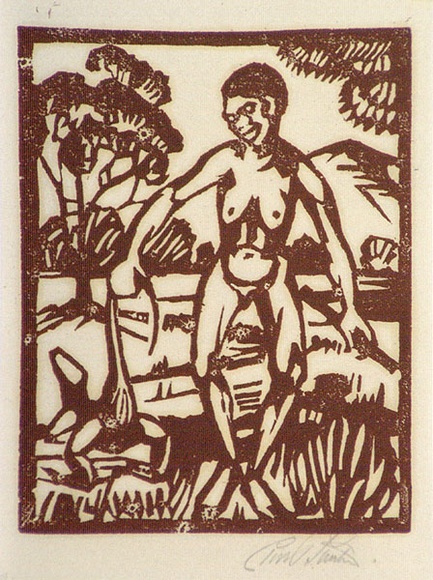 Artist: b'Stephen, Clive.' | Title: b'(Nude in landscape)' | Date: c.1948 | Technique: b'linocut, printed in brown ink, from one block' Artist: b'Stephen, Clive.' | Title: b'(Nude in landscape)' | Date: c.1948 | Technique: b'linocut, printed in brown ink, from one block'