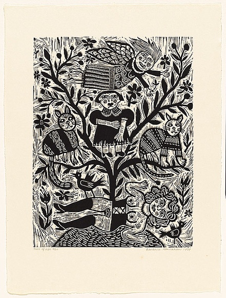 Artist: b'HANRAHAN, Barbara' | Title: b'Tree of life' | Date: 1989 | Technique: b'linocut, printed in black ink, from one block' Artist: b'HANRAHAN, Barbara' | Title: b'Tree of life' | Date: 1989 | Technique: b'linocut, printed in black ink, from one block'