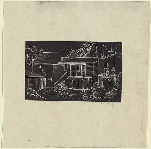 Artist: b'Jack, Kenneth.' | Title: b'Hotel outbuildings, Berwick' | Date: 1953 | Technique: b'line-engraving, printed in relief in black ink, from one perspex plate' | Copyright: b'\xc2\xa9 Kenneth Jack. Licensed by VISCOPY, Australia' Artist: b'Jack, Kenneth.' | Title: b'Hotel outbuildings, Berwick' | Date: 1953 | Technique: b'line-engraving, printed in relief in black ink, from one perspex plate' | Copyright: b'\xc2\xa9 Kenneth Jack. Licensed by VISCOPY, Australia'