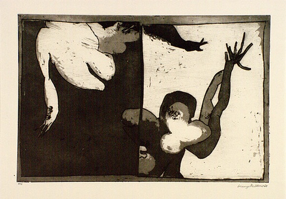Artist: b'BALDESSIN, George' | Title: b'(Two abstract figures).' | Date: 1964 | Technique: b'etching and aquatint, printed in black ink, from one plate' Artist: b'BALDESSIN, George' | Title: b'(Two abstract figures).' | Date: 1964 | Technique: b'etching and aquatint, printed in black ink, from one plate'