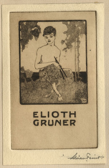 Artist: b'FEINT, Adrian' | Title: b'Bookplate: Elioth Gruner.' | Date: (1922) | Technique: b'etching, printed in brown ink with plate-tone, from one plate' | Copyright: b'Courtesy the Estate of Adrian Feint' Artist: b'FEINT, Adrian' | Title: b'Bookplate: Elioth Gruner.' | Date: (1922) | Technique: b'etching, printed in brown ink with plate-tone, from one plate' | Copyright: b'Courtesy the Estate of Adrian Feint'