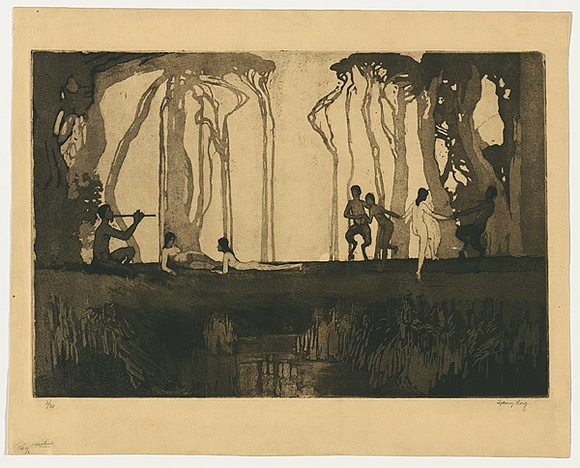 Artist: b'Long, Sydney.' | Title: b'Pan' | Date: 1919 | Technique: b'line-etching and aquatint, printed in black ink, from one copper plate' | Copyright: b'Reproduced with the kind permission of the Ophthalmic Research Institute of Australia' Artist: b'Long, Sydney.' | Title: b'Pan' | Date: 1919 | Technique: b'line-etching and aquatint, printed in black ink, from one copper plate' | Copyright: b'Reproduced with the kind permission of the Ophthalmic Research Institute of Australia'