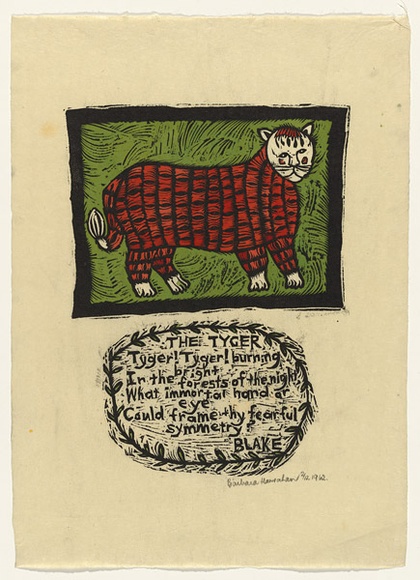 Artist: b'HANRAHAN, Barbara' | Title: b'The Tyger' | Date: 1962 | Technique: b'linocut, printed in colour, from multiple blocks' Artist: b'HANRAHAN, Barbara' | Title: b'The Tyger' | Date: 1962 | Technique: b'linocut, printed in colour, from multiple blocks'