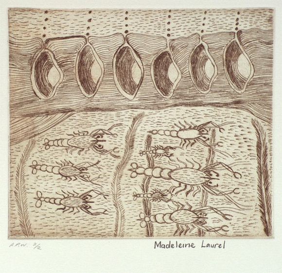 Artist: b'Laurel, Madeleine Yangkana.' | Title: b'Cherrabin and the mussels we get from the river' | Date: 2001, August - September | Technique: b'etching, printed in sepia ink, from one plate' Artist: b'Laurel, Madeleine Yangkana.' | Title: b'Cherrabin and the mussels we get from the river' | Date: 2001, August - September | Technique: b'etching, printed in sepia ink, from one plate'