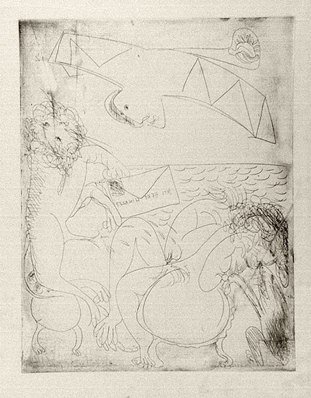Artist: b'BOYD, Arthur' | Title: b'Bert Hinkler; his wife and lion and letter.' | Date: (1968-69) | Technique: b'etching, printed in black ink, from one plate' | Copyright: b'Reproduced with permission of Bundanon Trust' Artist: b'BOYD, Arthur' | Title: b'Bert Hinkler; his wife and lion and letter.' | Date: (1968-69) | Technique: b'etching, printed in black ink, from one plate' | Copyright: b'Reproduced with permission of Bundanon Trust'