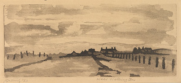 Artist: b'Dallwitz, David.' | Title: b'Near Wellington.' | Date: 1953 | Technique: b'etching, printed in black ink, from one plate' Artist: b'Dallwitz, David.' | Title: b'Near Wellington.' | Date: 1953 | Technique: b'etching, printed in black ink, from one plate'