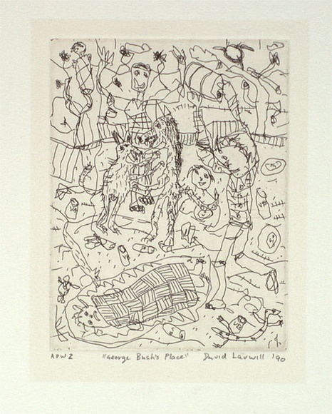 Artist: b'Larwill, David.' | Title: bGeorge Bush's place | Date: 1990 | Technique: b'etching, printed in colour, from two plates, (image in black, cream tint)' Artist: b'Larwill, David.' | Title: bGeorge Bush's place | Date: 1990 | Technique: b'etching, printed in colour, from two plates, (image in black, cream tint)'
