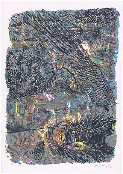 Artist: b'MEYER, Bill' | Title: b'Mabul' | Date: 1987 | Technique: b'screenprint, printed in eleven colours, from one direct emulsion reduction screen and one hand drawn with charcoal on acetate for indirect photo reduction stencil' | Copyright: b'\xc2\xa9 Bill Meyer' Artist: b'MEYER, Bill' | Title: b'Mabul' | Date: 1987 | Technique: b'screenprint, printed in eleven colours, from one direct emulsion reduction screen and one hand drawn with charcoal on acetate for indirect photo reduction stencil' | Copyright: b'\xc2\xa9 Bill Meyer'