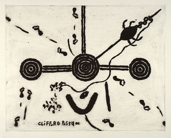 Artist: b'Tjapaltjarri, Clifford Possum.' | Title: b'Mans love story' | Date: 1994, November - December | Technique: b'sugarlift aquatint, printed in black ink, from one plate' Artist: b'Tjapaltjarri, Clifford Possum.' | Title: b'Mans love story' | Date: 1994, November - December | Technique: b'sugarlift aquatint, printed in black ink, from one plate'