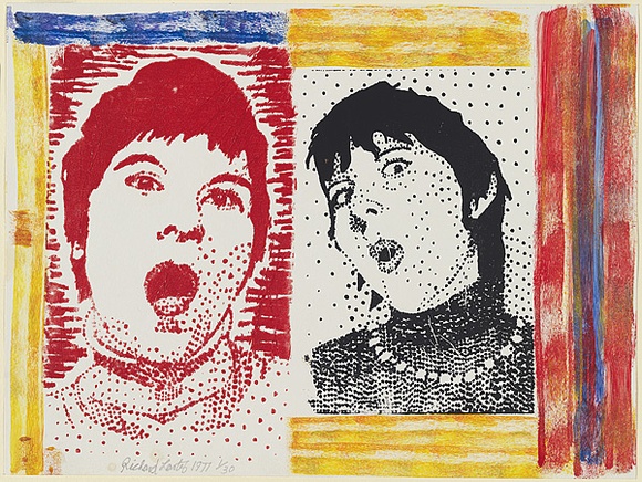 Artist: b'Larter, Richard.' | Title: b'not titled' | Date: 1977 | Technique: b'screenprint, printed in colour, from multiple stencils; additions in synthetic polymer paint' Artist: b'Larter, Richard.' | Title: b'not titled' | Date: 1977 | Technique: b'screenprint, printed in colour, from multiple stencils; additions in synthetic polymer paint'