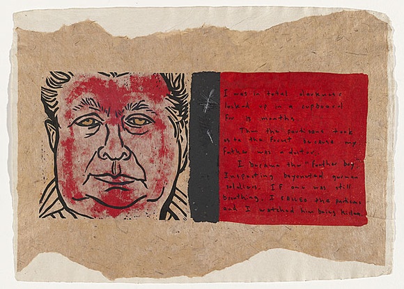 Artist: b'KOGAN, Danial' | Title: b'Childproof [page 23]' | Date: 1993 | Technique: b'linocut, printed in red and black ink, from two blocks; additional handcolouring and collaged feathers' | Copyright: b'\xc2\xa9 Danial Lalor Kogan'