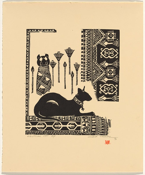 Artist: b'Thorpe, Lesbia.' | Title: b'Egyptian cat' | Date: 1991 | Technique: b'linocut, printed in black ink, from one block; letterpress on verso' Artist: b'Thorpe, Lesbia.' | Title: b'Egyptian cat' | Date: 1991 | Technique: b'linocut, printed in black ink, from one block; letterpress on verso'